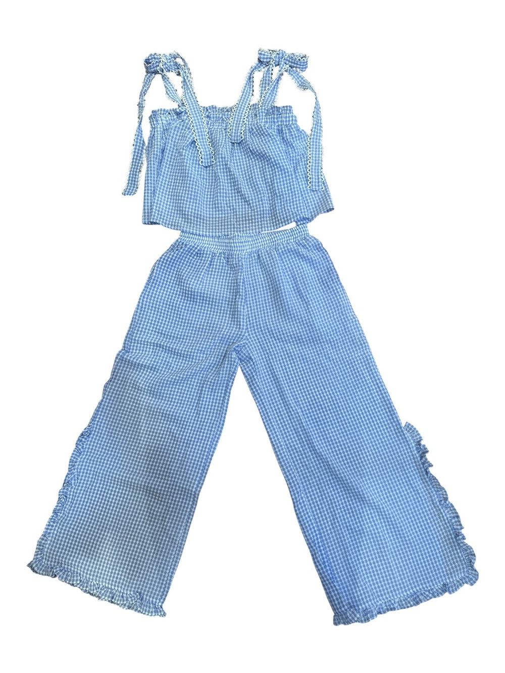 Gingham Wide-Leg Lounge Set in Light Blue NWOT - Picture 3 of 7